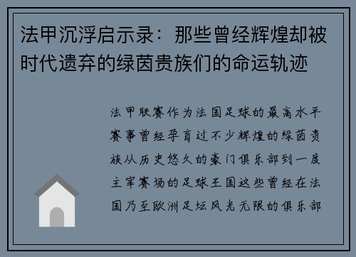 法甲沉浮启示录：那些曾经辉煌却被时代遗弃的绿茵贵族们的命运轨迹