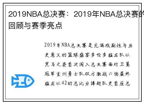 2019NBA总决赛：2019年NBA总决赛的回顾与赛季亮点